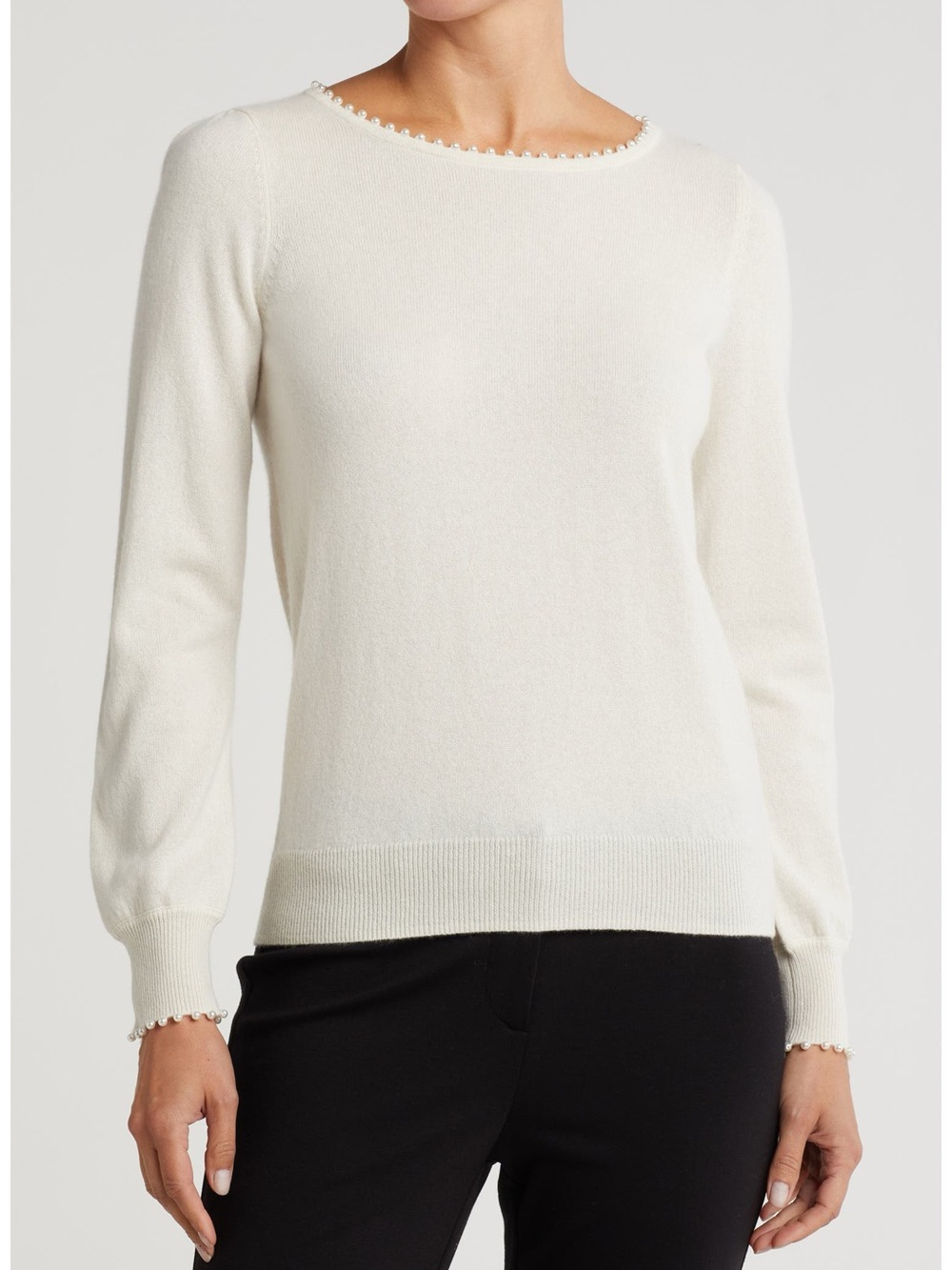 Sofia Cashmere Cream Crewneck Sweater with Pearl Trim